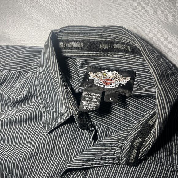 Harley Davidson Mens Shirt Striped Embroidered Spell Out Long Sleeve L Button Up - Picture 3 of 6